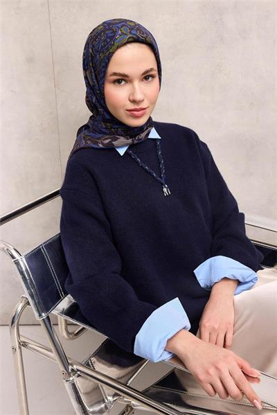 Viskon Velora Eşarp Gece Mavisi Antik Desenli Tok Duruşlu 90x90