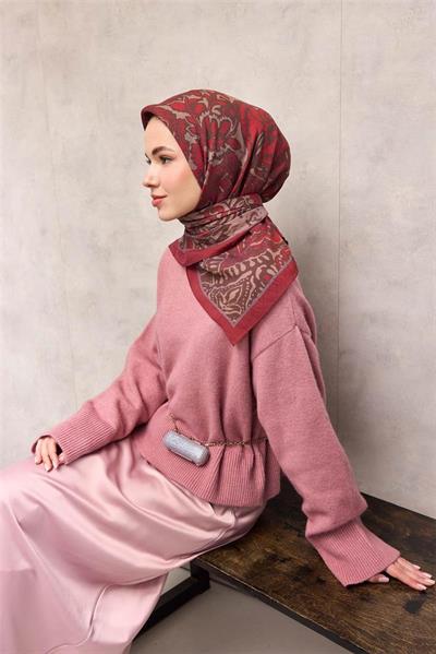 Viskon Velora Eşarp Mocha Tonlu Antik Desenli Tok Duruşlu 90x90