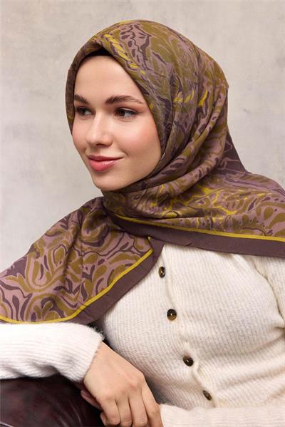 Viskon Velora Eşarp Koyu Kahve Antik Desenli Tok Duruşlu 90x90