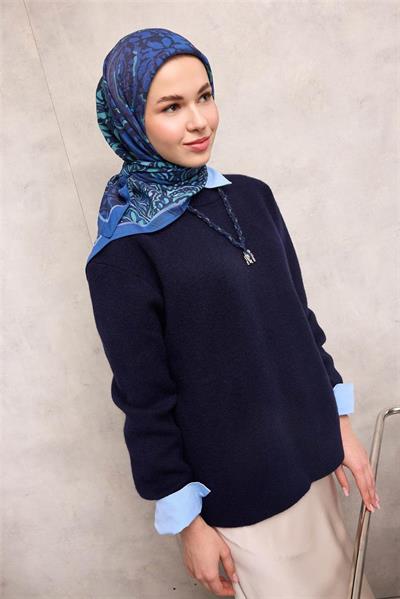 Viskon Velora Eşarp Mavi Antik Desenli Tok Duruşlu 90x90