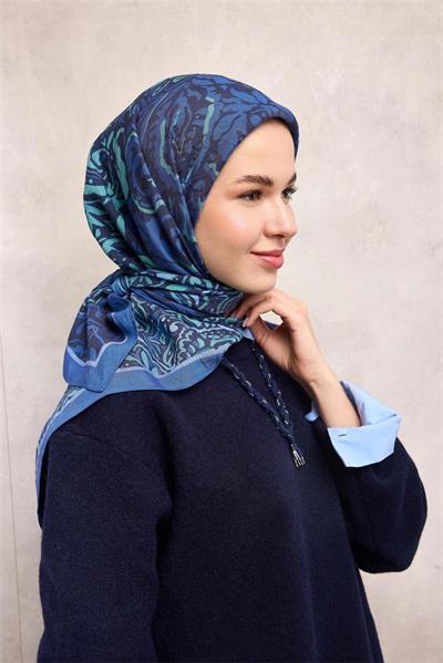 Viskon Velora Eşarp Mavi Antik Desenli Tok Duruşlu 90x90