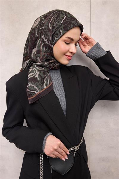 Viskon Velora Eşarp Mürdüm Mor Antik Desenli Tok Duruşlu 90x90