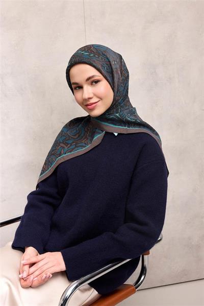 Viskon Velora Eşarp Gri Antik Desenli Tok Duruşlu 90x90