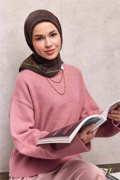 Viskon Velora Eşarp Acı Kahve Antik Desenli Tok Duruşlu 90x90