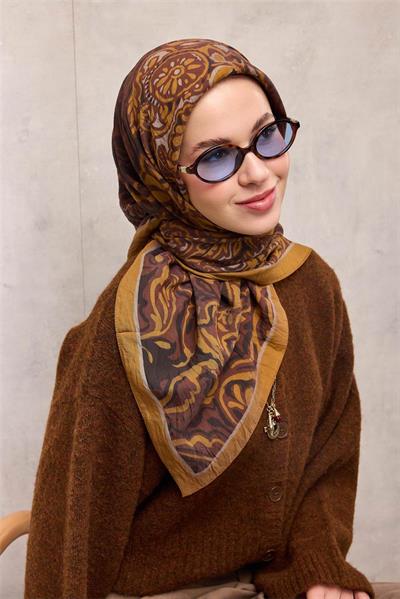 Viskon Velora Eşarp Hardal Antik Desenli Tok Duruşlu 90x90