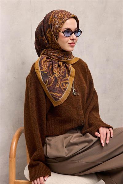 Viskon Velora Eşarp Hardal Antik Desenli Tok Duruşlu 90x90