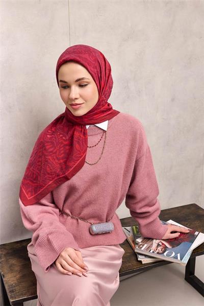 Viskon Velora Eşarp Mürdüm Kiremit Tonlu Antik Desenli Tok Duruşlu 90x90