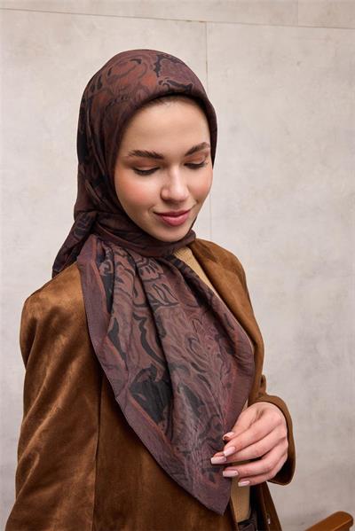 Viskon Velora Eşarp Kahve Antik Desenli Tok Duruşlu 90x90