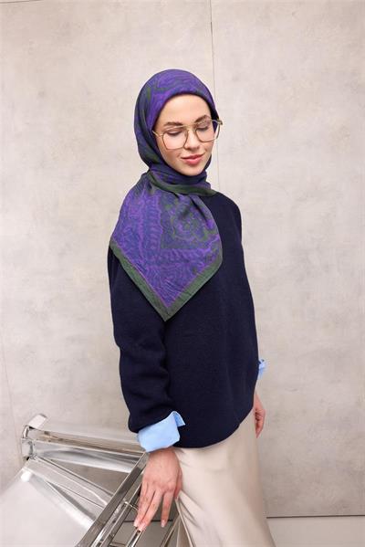 Viskon Velora Eşarp Koyu Mor Antik Desenli Tok Duruşlu 90x90