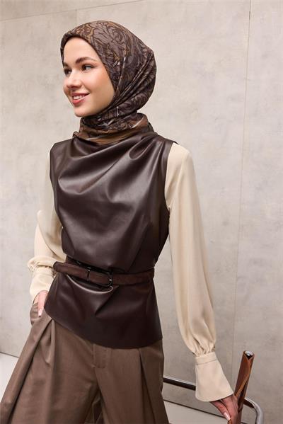 Viskon Velora Eşarp Sütlü Kahve Antik Desenli Tok Duruşlu 90x90