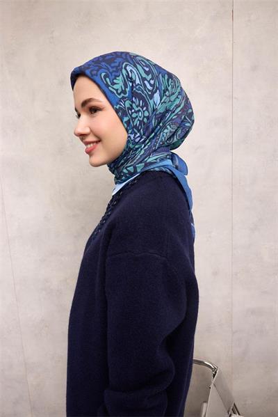 Viskon Velora Eşarp Mavi Antik Desenli Tok Duruşlu 90x90