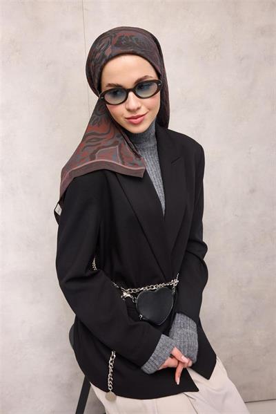 Viskon Velora Eşarp Kahve-Mürdüm Antik Desenli Tok Duruşlu 90x90