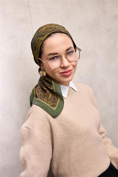 Viskon Velora Eşarp Yeşil Antik Desenli Tok Duruşlu 90x90