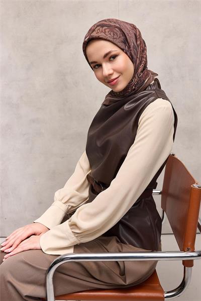 Viskon Velora Eşarp Vizon Antik Desenli Tok Duruşlu 90x90