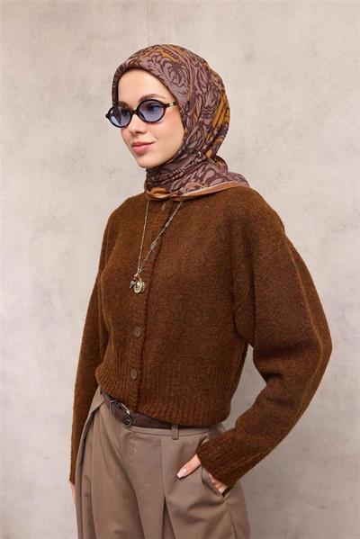 Viskon Velora Eşarp Tarçın Antik Desenli Tok Duruşlu 90x90