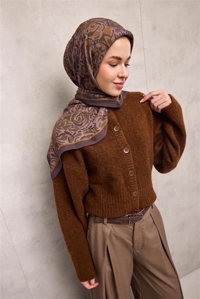 Viskon Velora Eşarp Mürdüm Kahve Antik Desenli Tok Duruşlu 90x90