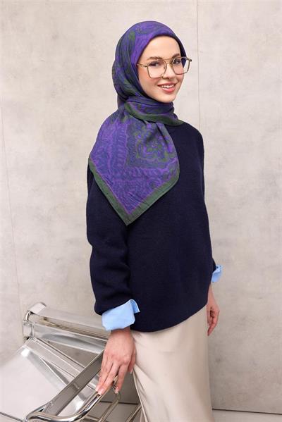 Viskon Velora Eşarp Koyu Mor Antik Desenli Tok Duruşlu 90x90