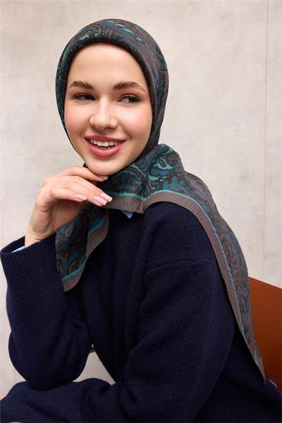 Viskon Velora Eşarp Gri Antik Desenli Tok Duruşlu 90x90