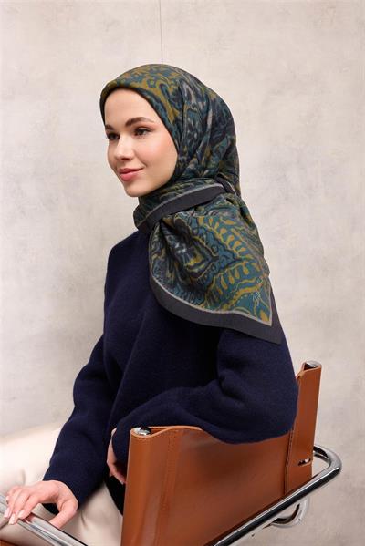 Viskon Velora Eşarp Lacivert Antik Desenli Tok Duruşlu 90x90