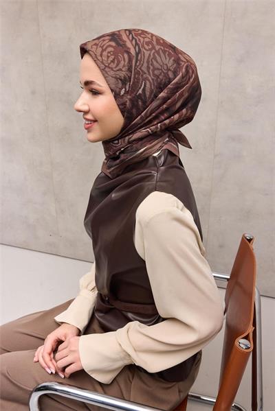 Viskon Velora Eşarp Vizon Antik Desenli Tok Duruşlu 90x90