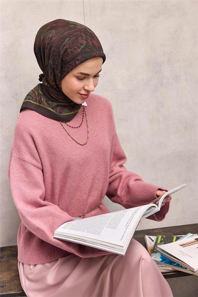 Viskon Velora Eşarp Acı Kahve Antik Desenli Tok Duruşlu 90x90