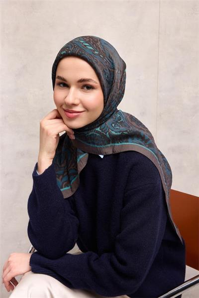 Viskon Velora Eşarp Gri Antik Desenli Tok Duruşlu 90x90