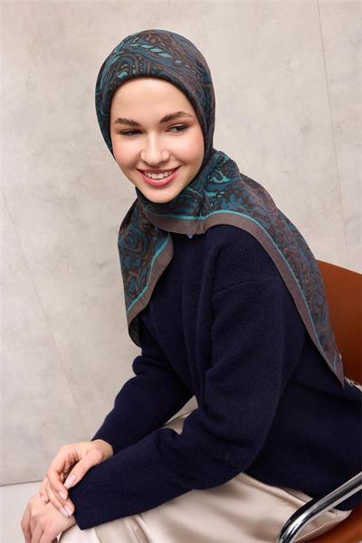 Viskon Velora Eşarp Gri Antik Desenli Tok Duruşlu 90x90