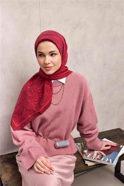 Viskon Velora Eşarp Mürdüm Kiremit Tonlu Antik Desenli Tok Duruşlu 90x90