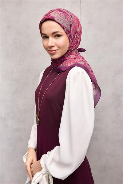 Viskon Velora Eşarp Patlıcan Moru Fuşya Antik Desenli Tok Duruşlu 90x90