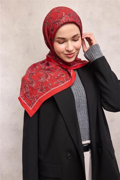 Viskon Velora Eşarp Kırmızı Floral Desenli Tok Duruşlu 90x90