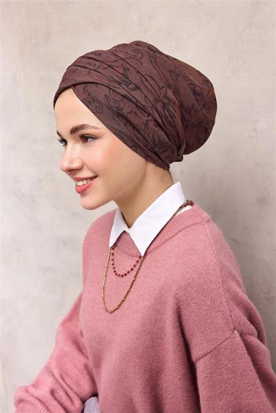Viskon Velora Eşarp Kahve-Mürdüm Tonlu Barok Floral Desenli Tok Duruşlu 90x90