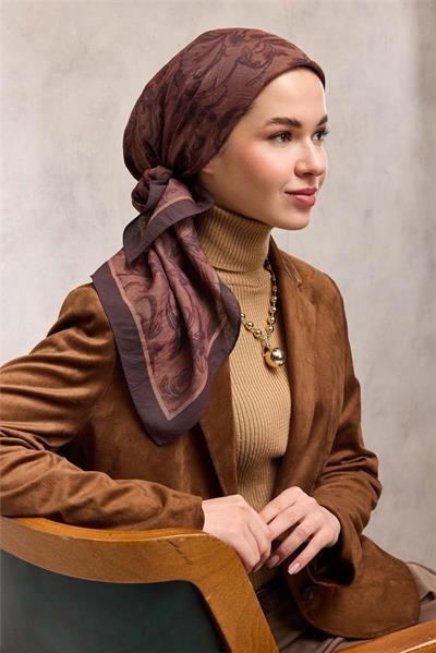 Viskon Velora Eşarp Mürdüm-Kahve Floral Desenli Tok Duruşlu 90x90