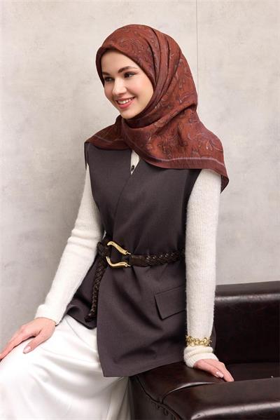 Viskon Velora Eşarp Açık Kahve Tonlu Barok Floral Desenli Tok Duruşlu 90x90