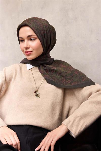 Viskon Velora Eşarp Koyu Asker Yeşili Floral Desenli Tok Duruşlu 90x90