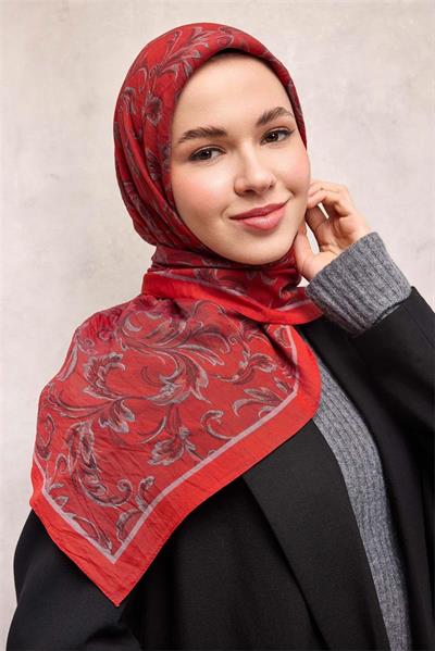 Viskon Velora Eşarp Kırmızı Floral Desenli Tok Duruşlu 90x90