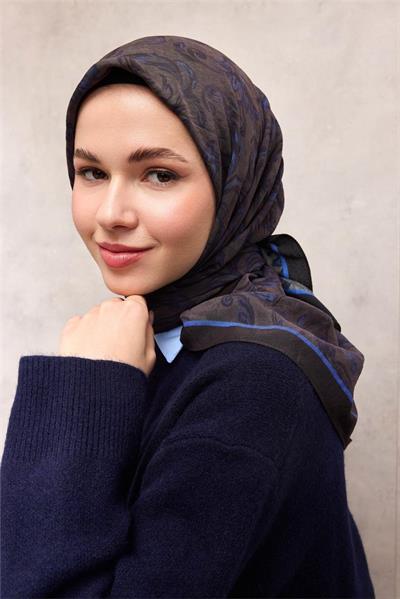 Viskon Velora Eşarp Koyu Siyah Tonlu Barok Floral Desenli Tok Duruşlu 90x90