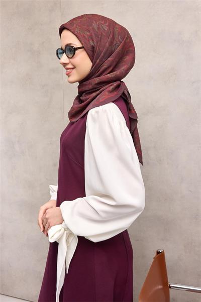 Viskon Velora Eşarp Koyu Mürdüm Tonlu Barok Floral Desenli Tok Duruşlu 90x90