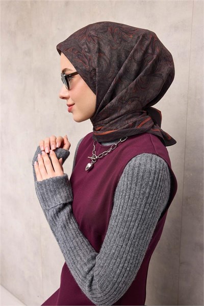 Viskon Velora Eşarp Dört Mevsim Barok Floral Desen Siyah Mor 90X90