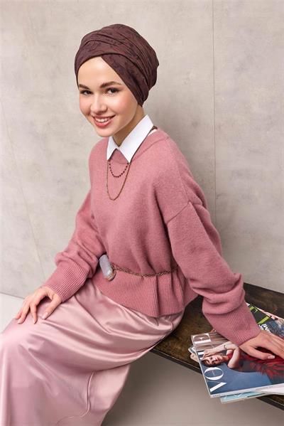 Viskon Velora Eşarp Kahve-Mürdüm Tonlu Barok Floral Desenli Tok Duruşlu 90x90