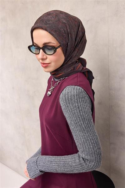 Viskon Velora Eşarp Siyah-Mor Tonlu Barok Floral Desenli Tok Duruşlu 90x90