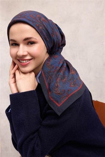 Viskon Velora Eşarp Koyu Indigo Tonlu Barok Floral Desenli Tok Duruşlu 90x90