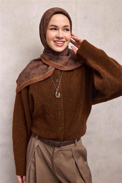 Viskon Velora Eşarp Tarçın Floral Desenli Tok Duruşlu 90x90