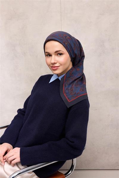 Viskon Velora Eşarp Koyu Indigo Tonlu Barok Floral Desenli Tok Duruşlu 90x90