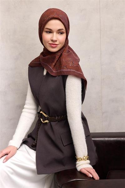 Viskon Velora Eşarp Açık Kahve Tonlu Barok Floral Desenli Tok Duruşlu 90x90