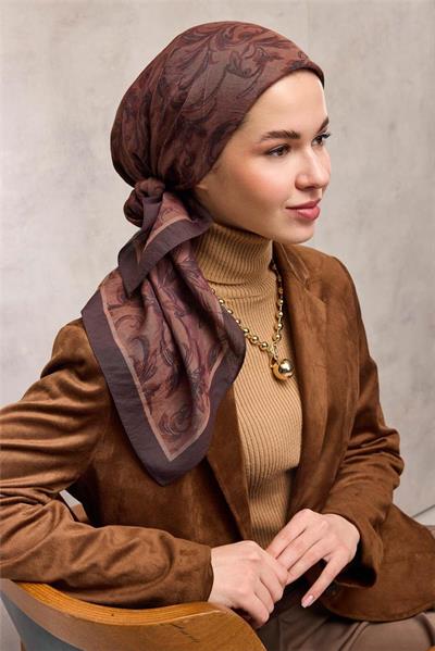 Viskon Velora Eşarp Mürdüm-Kahve Floral Desenli Tok Duruşlu 90x90