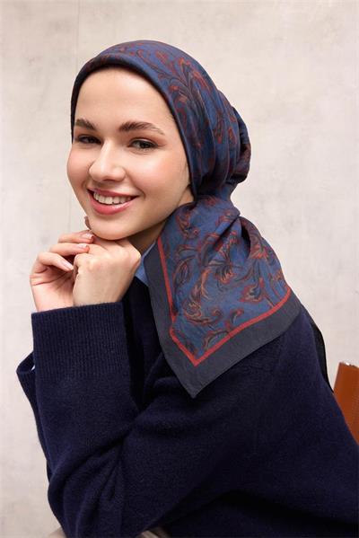 Viskon Velora Eşarp Koyu Indigo Tonlu Barok Floral Desenli Tok Duruşlu 90x90