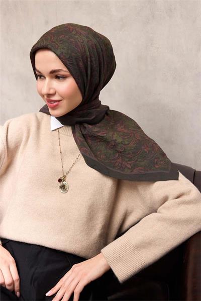 Viskon Velora Eşarp Koyu Asker Yeşili Floral Desenli Tok Duruşlu 90x90