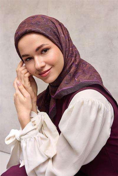 Viskon Velora Eşarp Koyu Mor Tonlu Barok Floral Desenli Tok Duruşlu 90x90