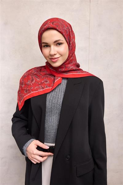 Viskon Velora Eşarp Kırmızı Floral Desenli Tok Duruşlu 90x90