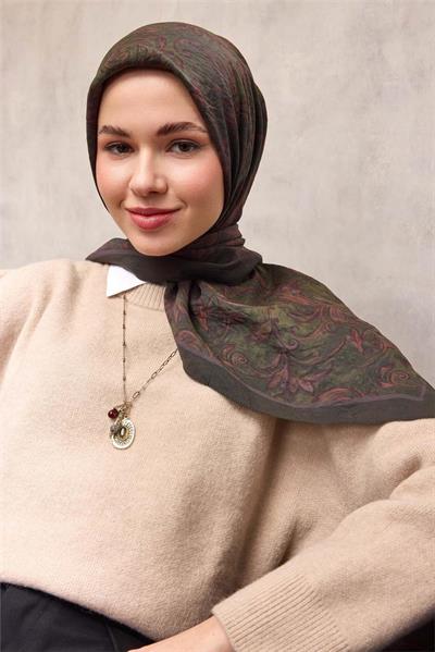 Viskon Velora Eşarp Koyu Asker Yeşili Floral Desenli Tok Duruşlu 90x90